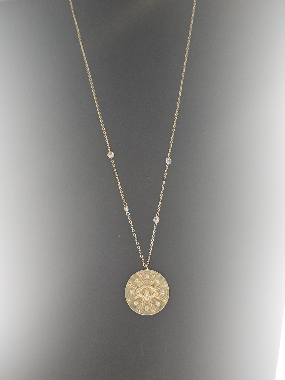 Gold Disc Pendant Necklace STERLING Evil Eye Faux Pearl W/ Crystal Accents